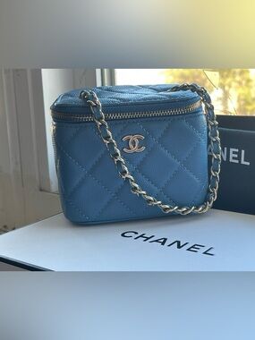 CHANEL Blue Quilted Caviar Leather Mini Vanity Crossbody with Gold-Tone Hardware